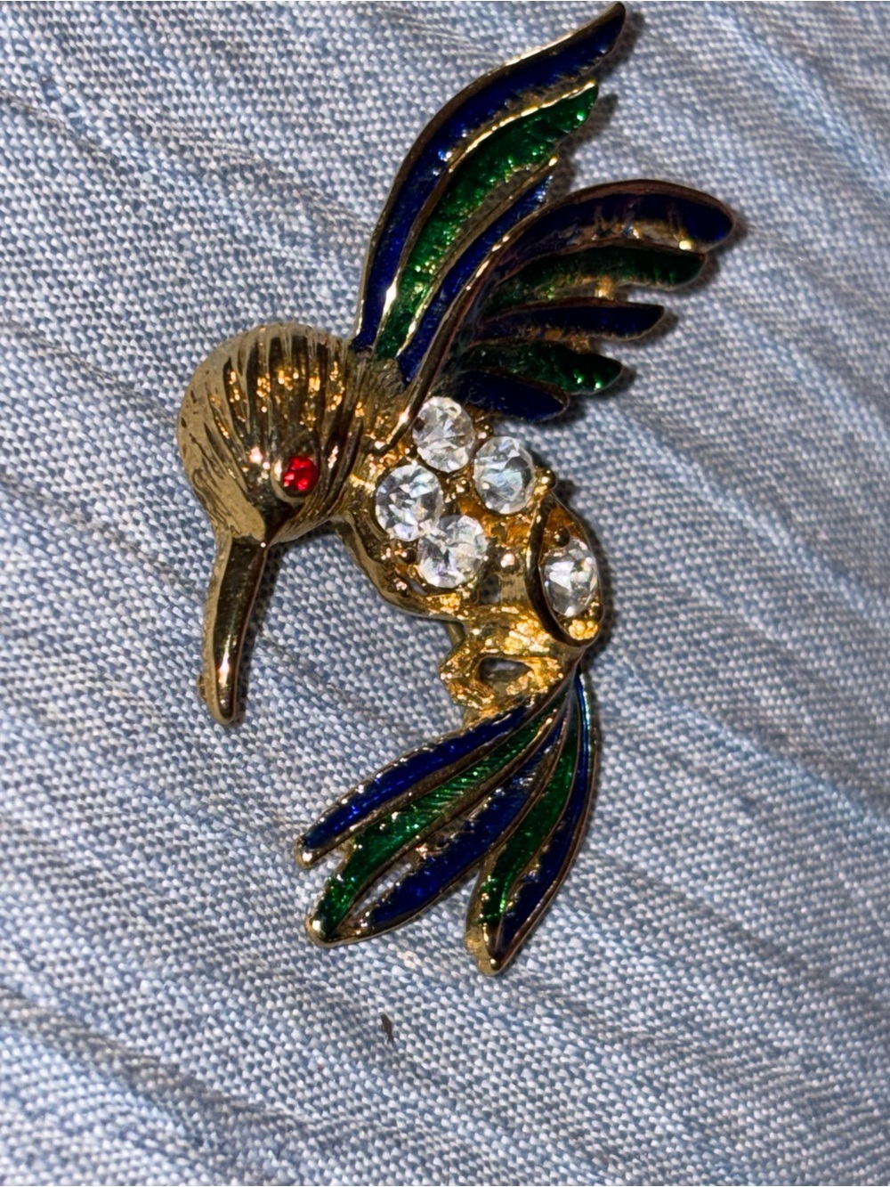 Gold-tone Blue & Green Hummingbird Bird Pin Brooch